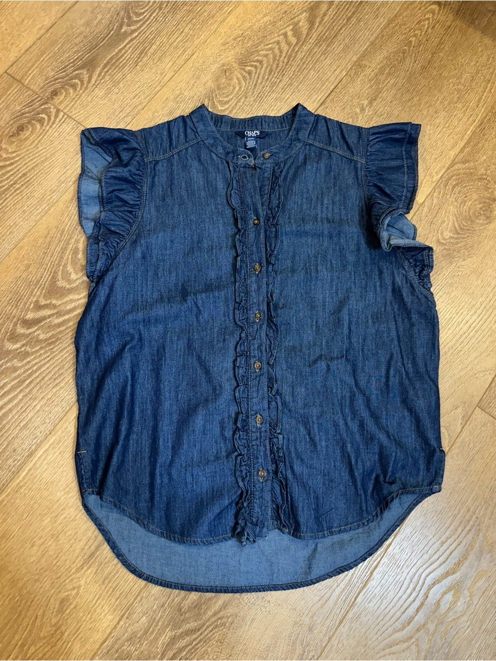 chaps sleeveless denim button down with ruffle detail M - Picture 3 of 9